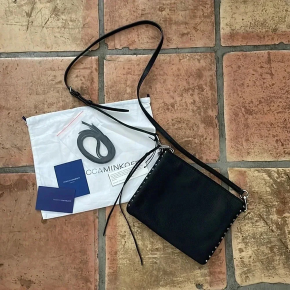 NEW ✨ Rebecca Minkoff Black Leather Bag w Silver Hardware and Studs Adj Strap - Picture 1 of 12